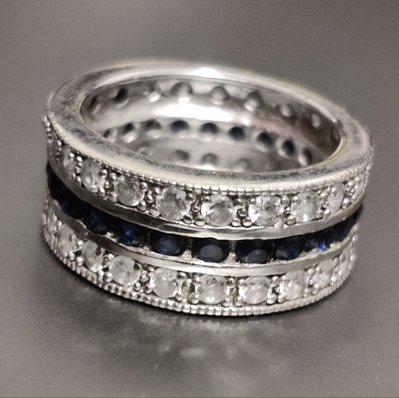 Dazzling Three Row Sterling Silver Band Ring 💍with CZ and Sapphires - Picture 3 of 15